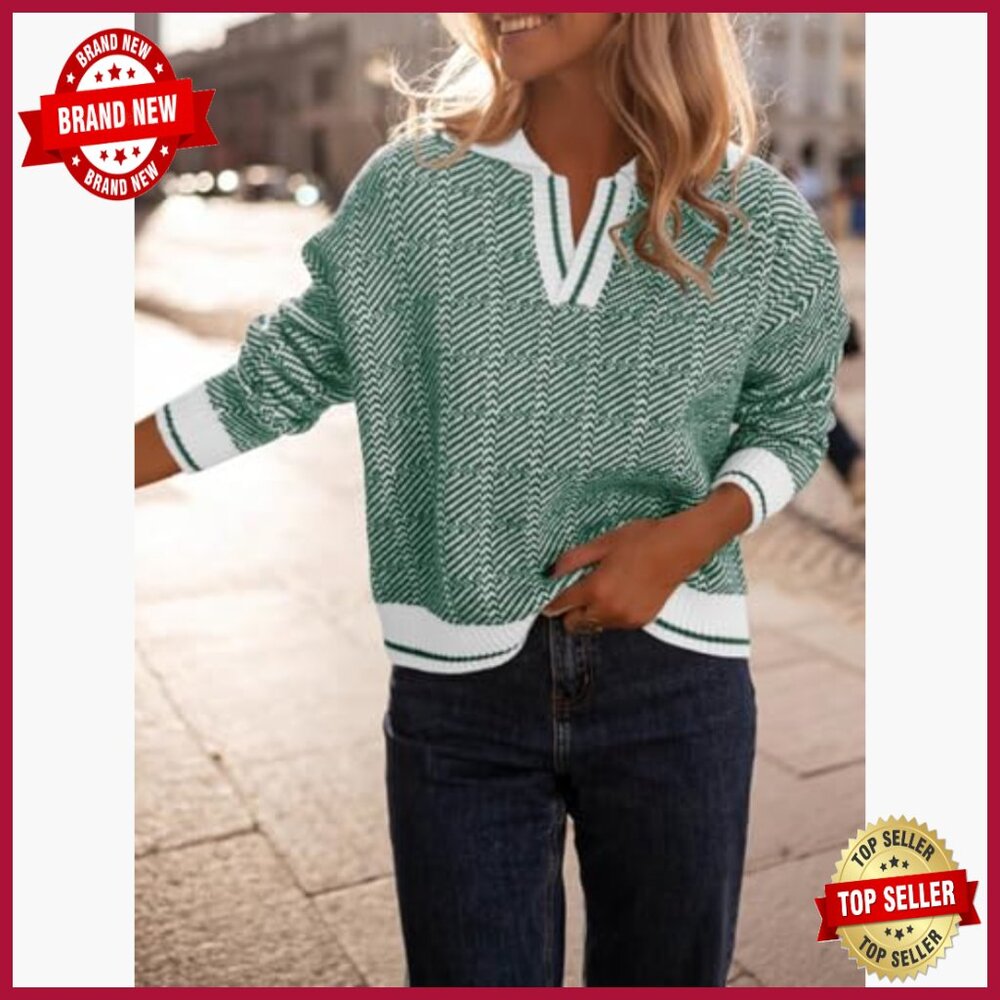 Long Sleeve V-Neck Pullover Sweater, Chunky Knit, Lapel Collar, Color Block - Picture 3 of 7